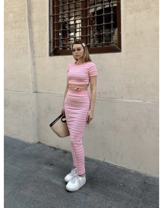 Çizgili Etekli Takım Pembe S3609