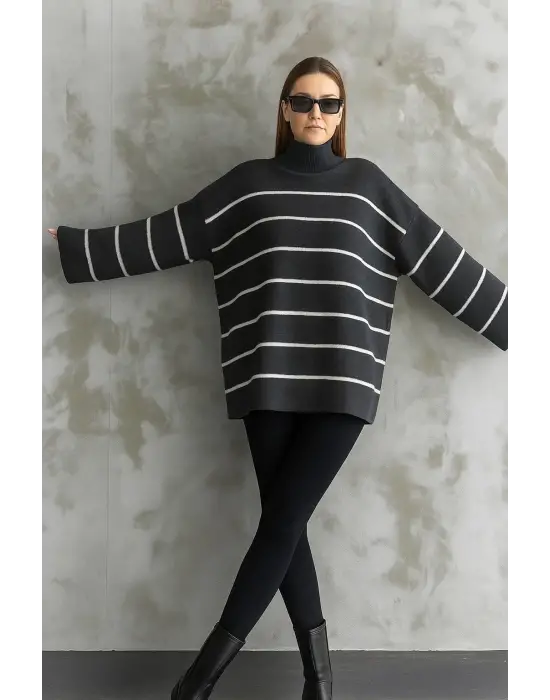 Çizgili İspanyol Kol Triko Boğazlı Kazak Antrasit Elf