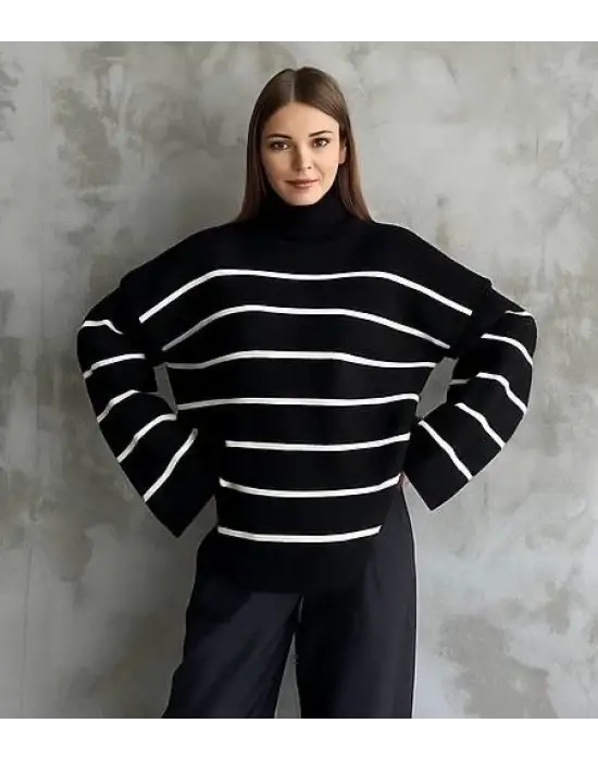Çizgili İspanyol Kol Triko Boğazlı Kazak Siyah Elf
