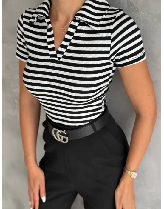 Çizgili Kaşkorse V Yaka Tişört Siyahbeyaz