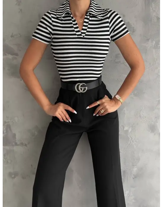 Çizgili Kaşkorse V Yaka Tişört Siyahbeyaz