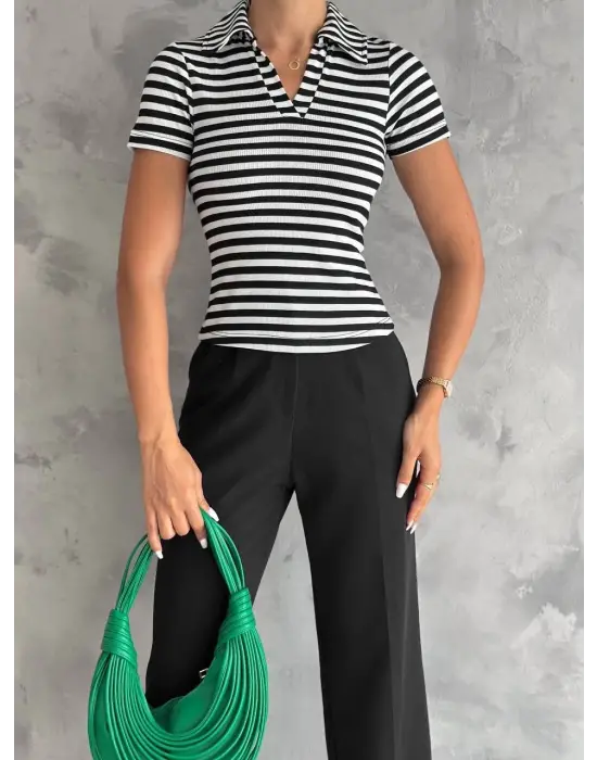 Çizgili Kaşkorse V Yaka Tişört Siyahbeyaz