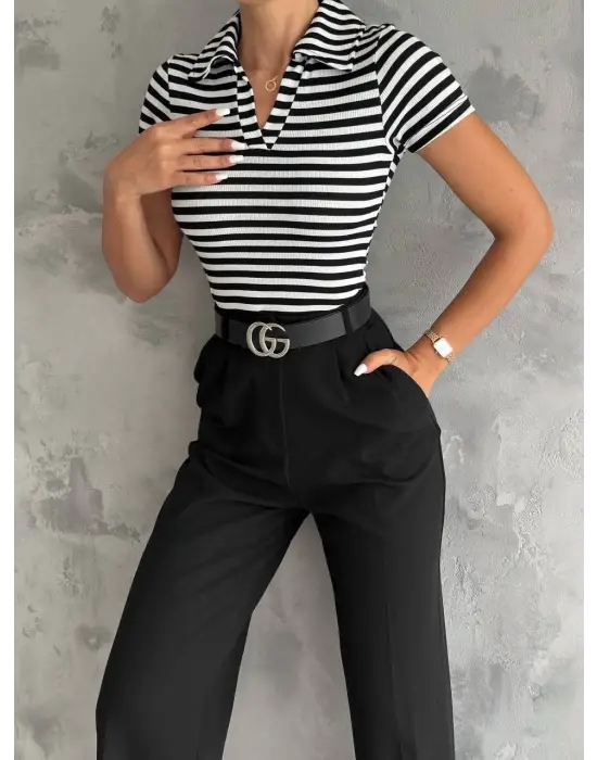 Çizgili Kaşkorse V Yaka Tişört Siyahbeyaz