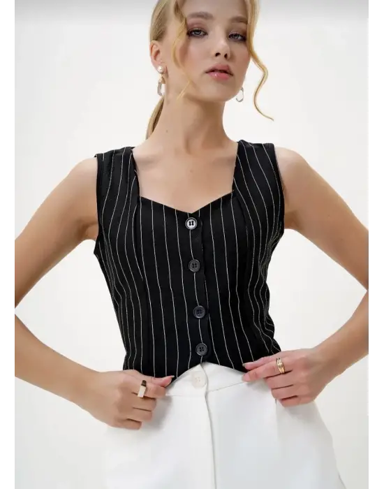 Çizgili Krep Düğmeli Yelek Siyah S3395