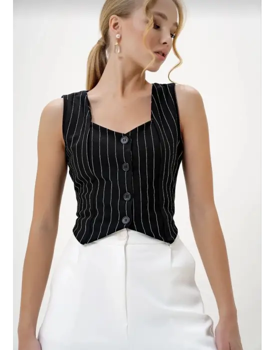 Çizgili Krep Düğmeli Yelek Siyah S3395