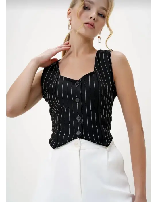 Çizgili Krep Düğmeli Yelek Siyah S3395