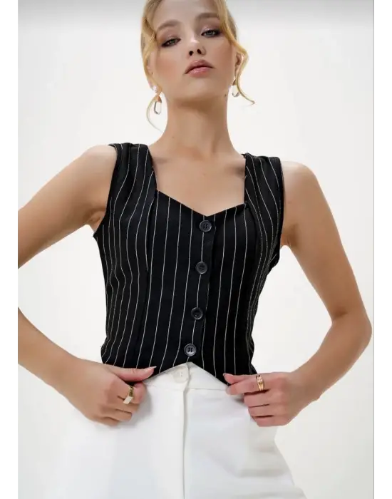Çizgili Krep Düğmeli Yelek Siyah S3395