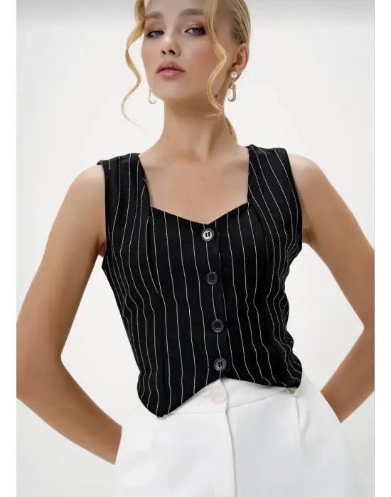 Çizgili Krep Düğmeli Yelek Siyah S3395