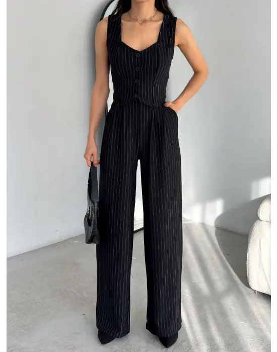 Çizgili Palazzo Pantolonlu Yelek Takım S3395