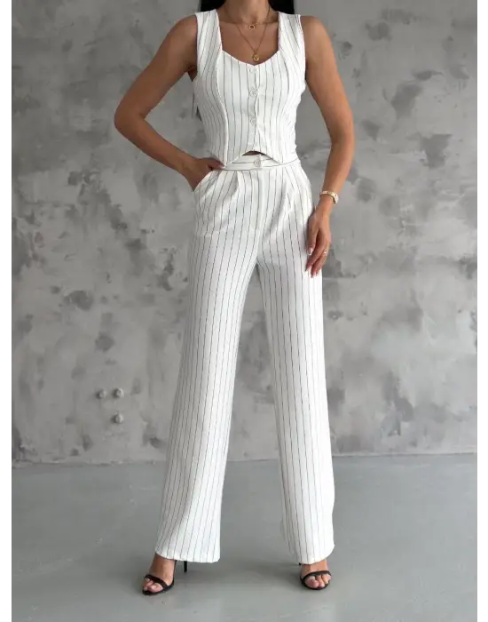 Çizgili Palazzo Pantolonlu Yelek Takım S3395