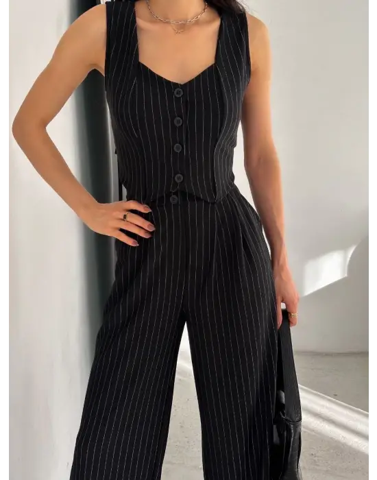 Çizgili Palazzo Pantolonlu Yelek Takım S3395