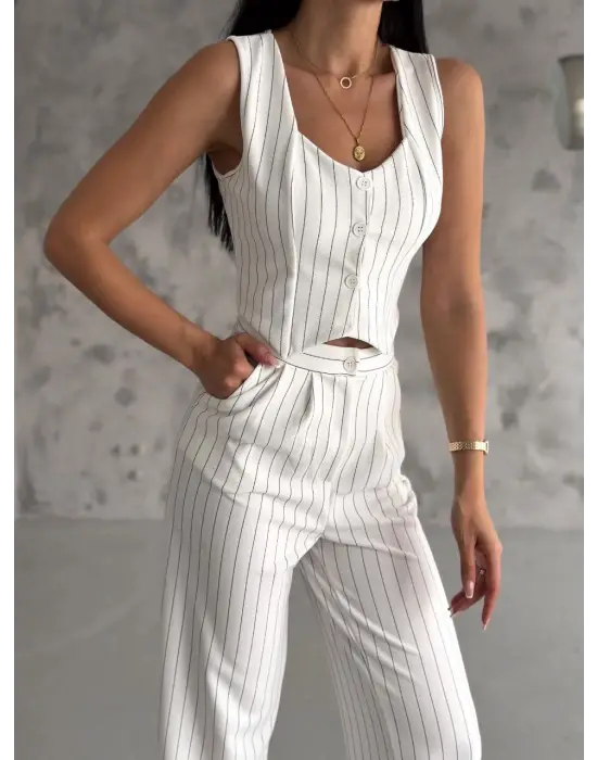 Çizgili Palazzo Pantolonlu Yelek Takım S3395