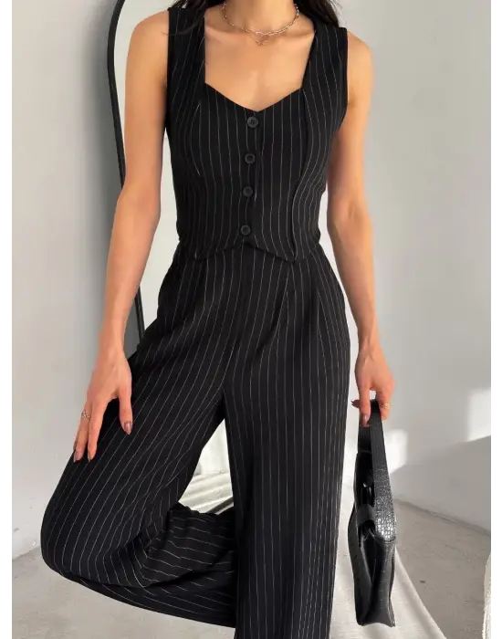 Çizgili Palazzo Pantolonlu Yelek Takım S3395