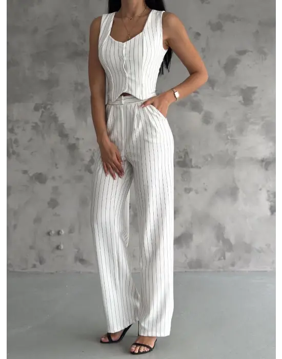 Çizgili Palazzo Pantolonlu Yelek Takım S3395