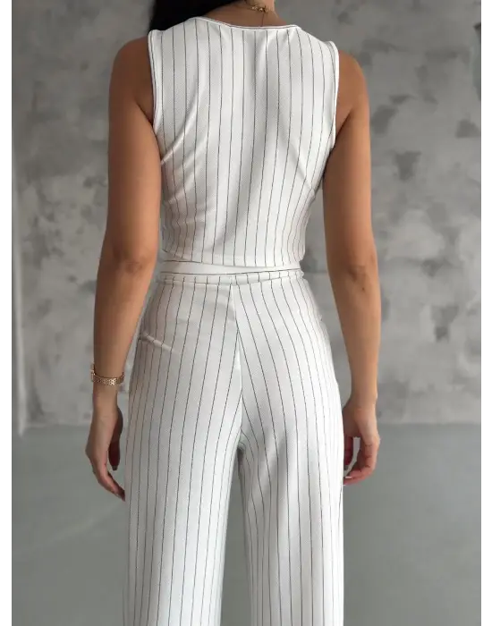Çizgili Palazzo Pantolonlu Yelek Takım S3395