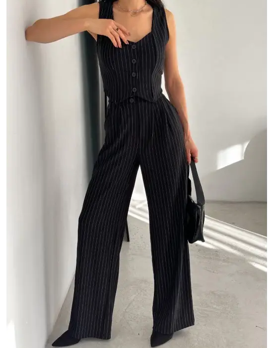 Çizgili Palazzo Pantolonlu Yelek Takım S3395
