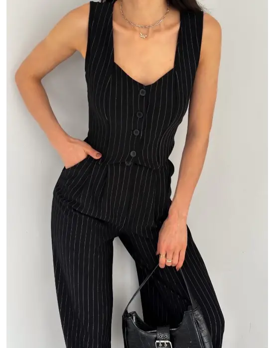 Çizgili Palazzo Pantolonlu Yelek Takım S3395