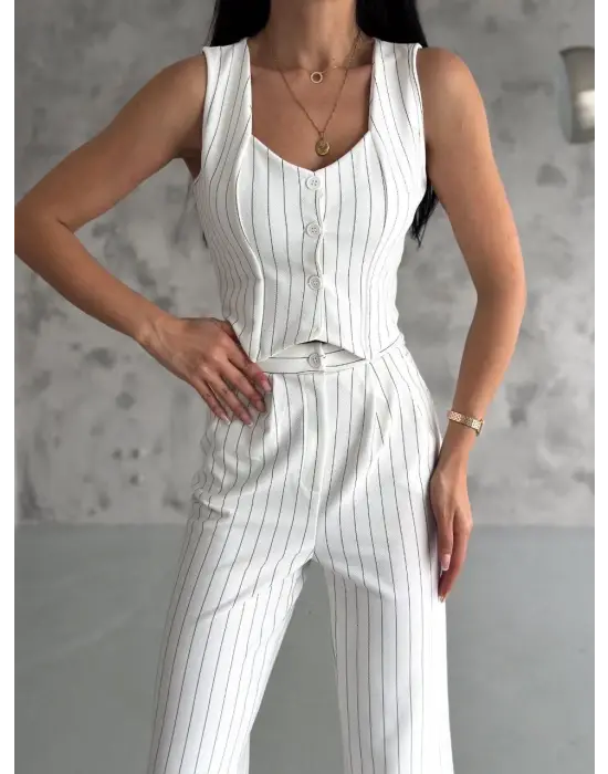 Çizgili Palazzo Pantolonlu Yelek Takım S3395