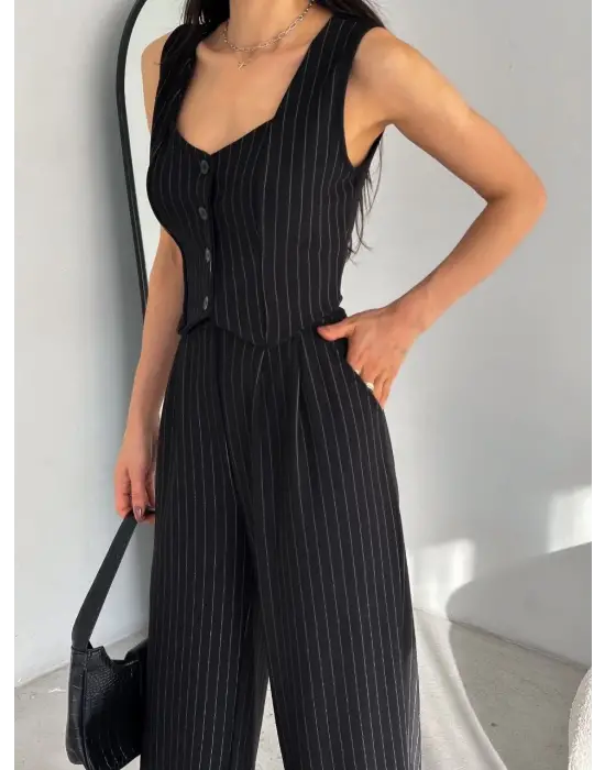 Çizgili Palazzo Pantolonlu Yelek Takım S3395