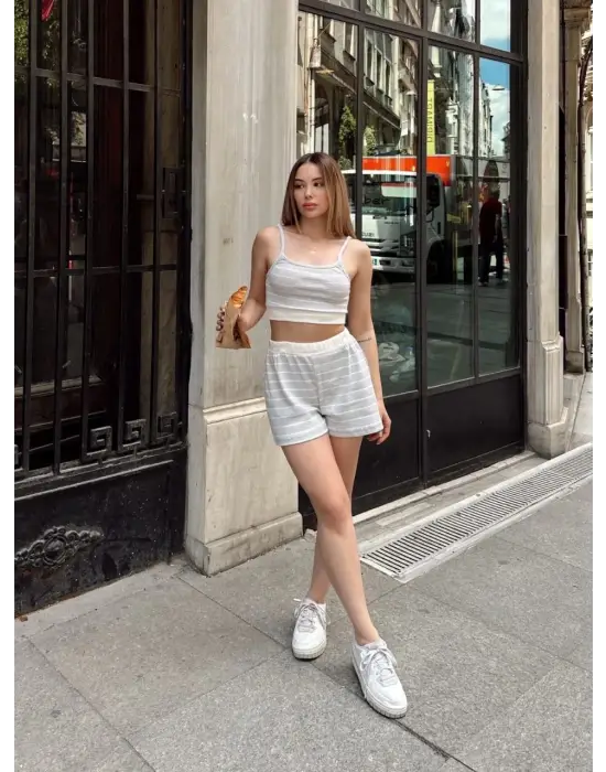 Çizgili Şortlu Takım Gri S3978
