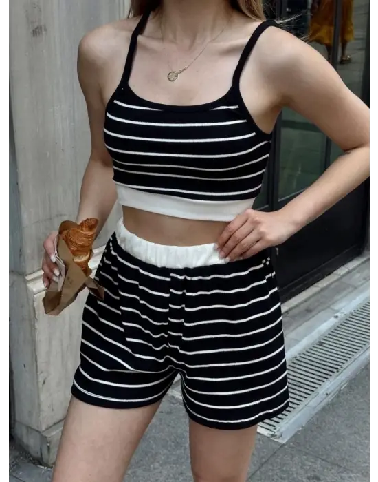 Çizgili Şortlu Takım Siyah S3978