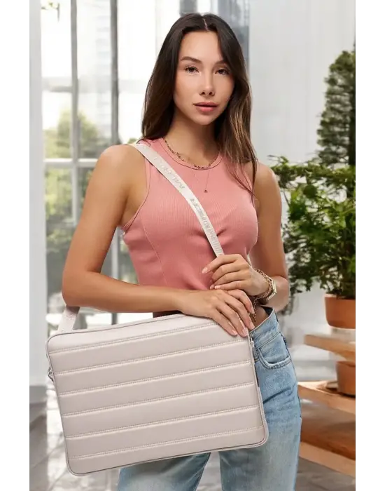 Çizgili Su Geçirmez Macbook Air Pro 15.6 & 16 İnç Bej Laptop Tablet Kılıfı