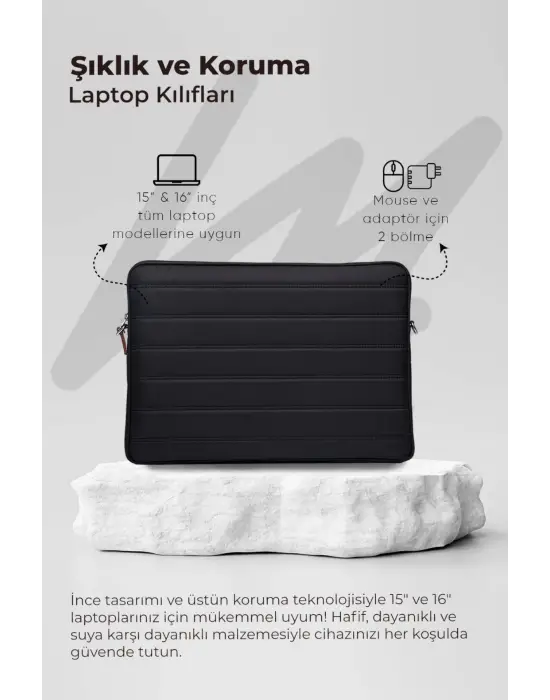 Çizgili Su Geçirmez Macbook Air Pro 15.6 & 16 İnç Siyah Laptop Tablet Kılıfı