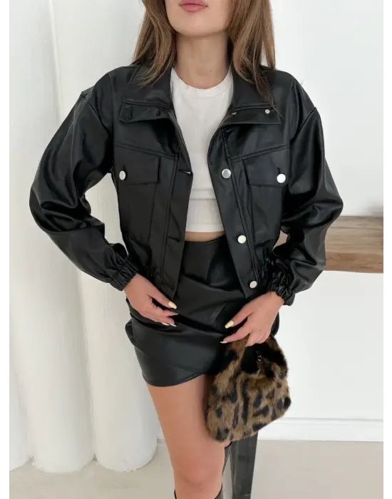 Crop Bomber Deri Ceket Siyah St2551985