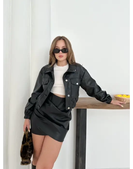 Crop Bomber Deri Ceket Siyah St2551985