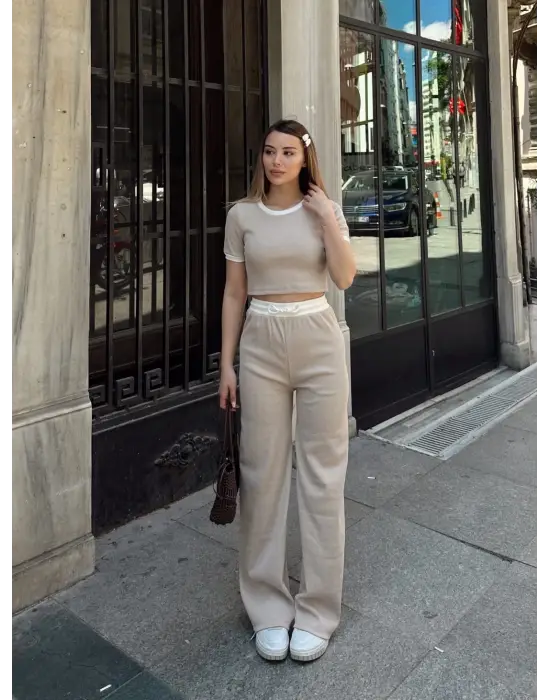 Crop Pantolon Biyeli Takım Bej