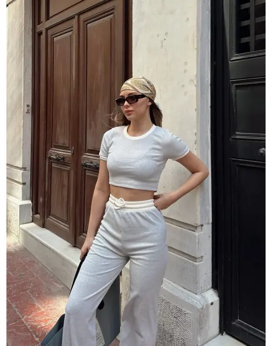 Crop Pantolon Biyeli Takım Gri