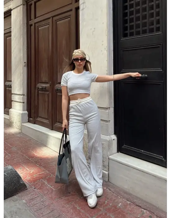 Crop Pantolon Biyeli Takım Gri