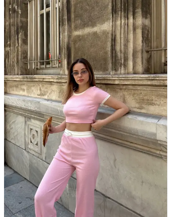 Crop Pantolon Biyeli Takım Pembe