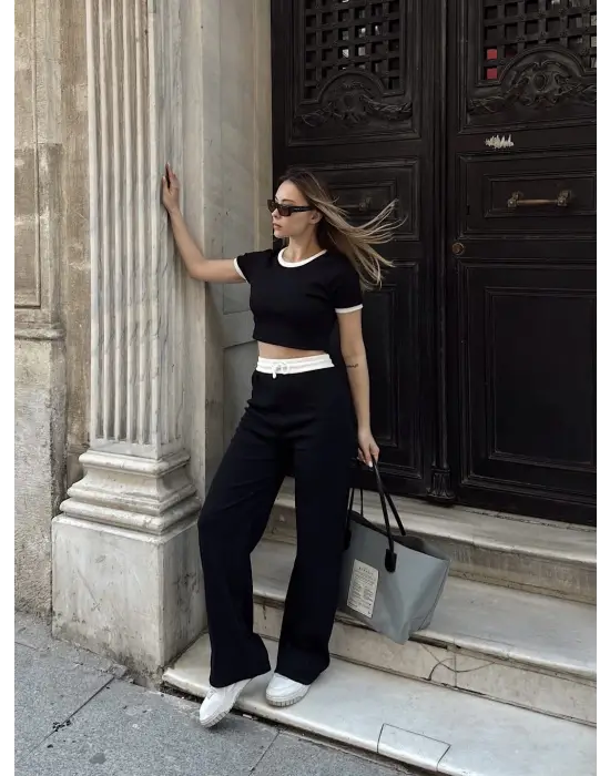 Crop Pantolon Biyeli Takım Siyah