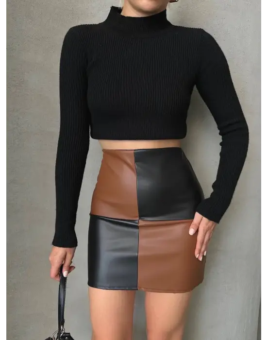 Damalı Deri Etek Siyah Kahve W24648