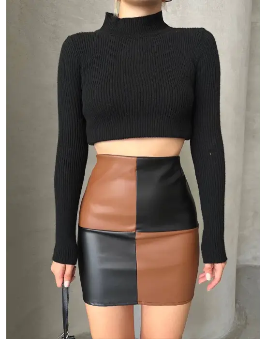 Damalı Deri Etek Siyah Kahve W24648