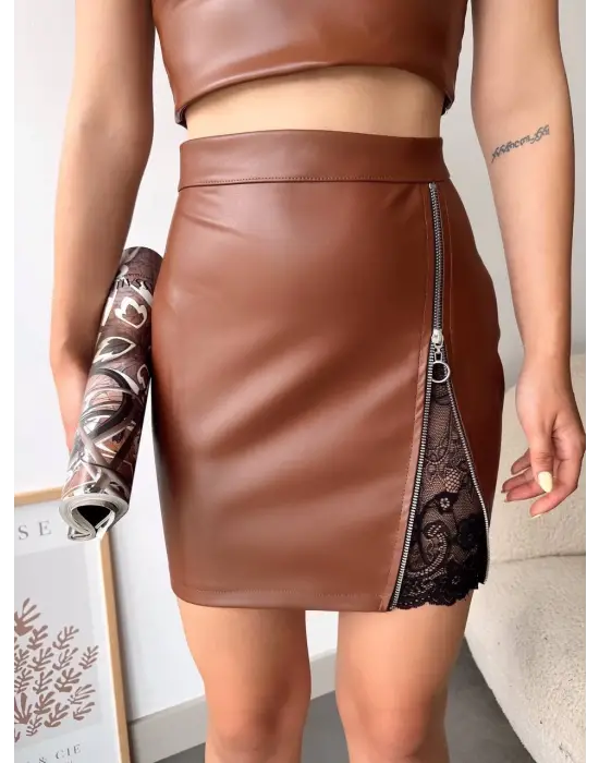 Dantelli Fermuarlı Deri Etek Kahve W24598