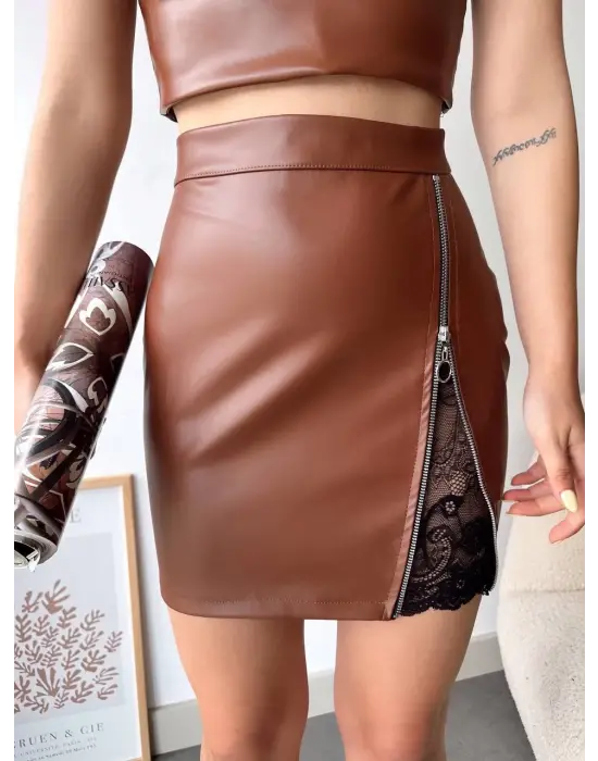 Dantelli Fermuarlı Deri Etek Kahve W24598