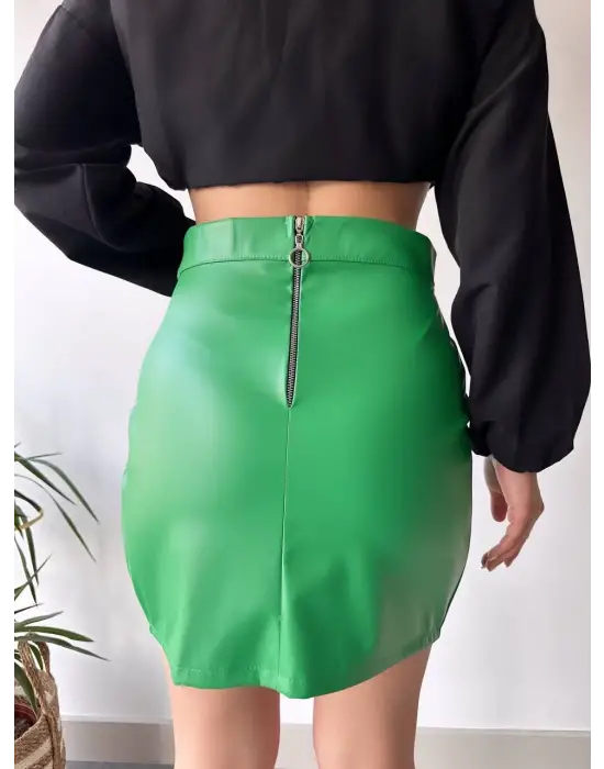 Dantelli Fermuarlı Deri Etek Yeşil W24598