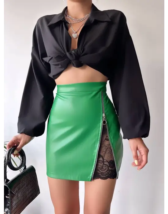 Dantelli Fermuarlı Deri Etek Yeşil W24598