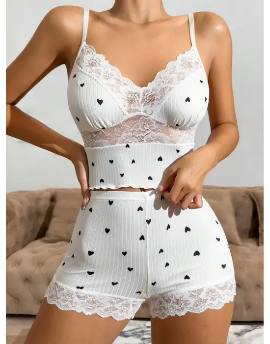 Dantelli Siyah Kalpli Şortlu Pijama Takımı