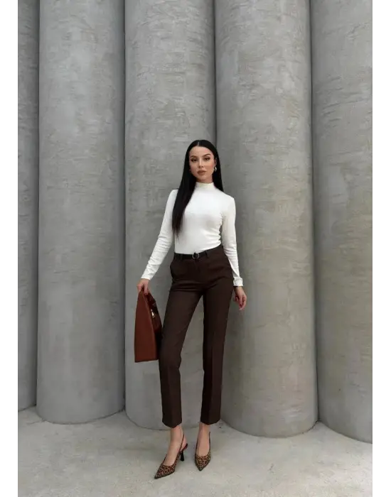 Dar Paça Kemerli Kumaş Pantolon Kahve Pt53