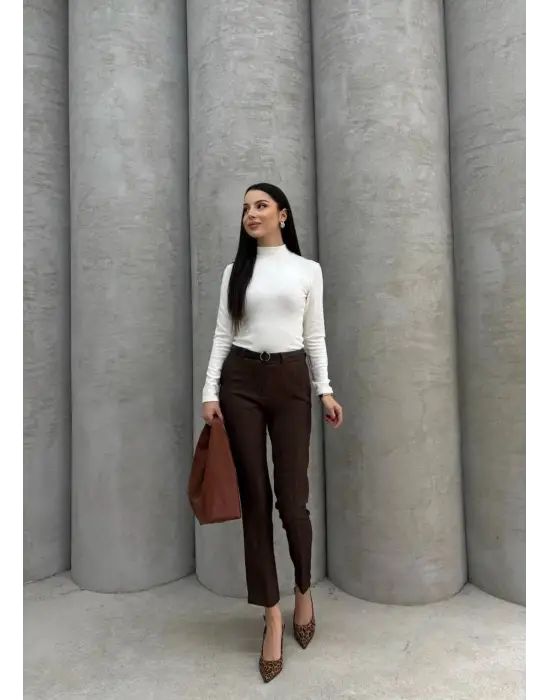 Dar Paça Kemerli Kumaş Pantolon Kahve Pt53