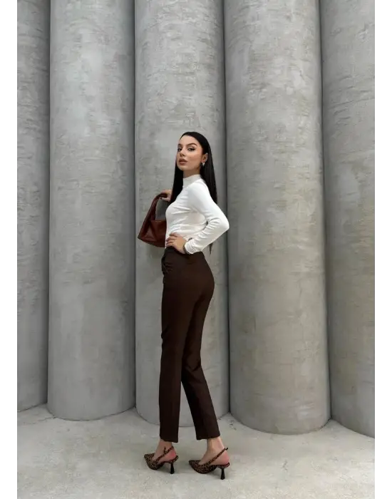 Dar Paça Kemerli Kumaş Pantolon Kahve Pt53
