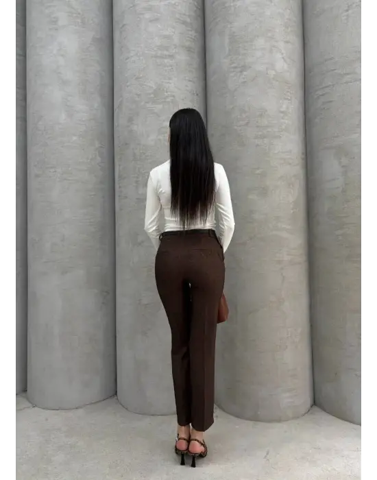 Dar Paça Kemerli Kumaş Pantolon Kahve Pt53