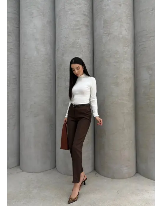 Dar Paça Kemerli Kumaş Pantolon Kahve Pt53