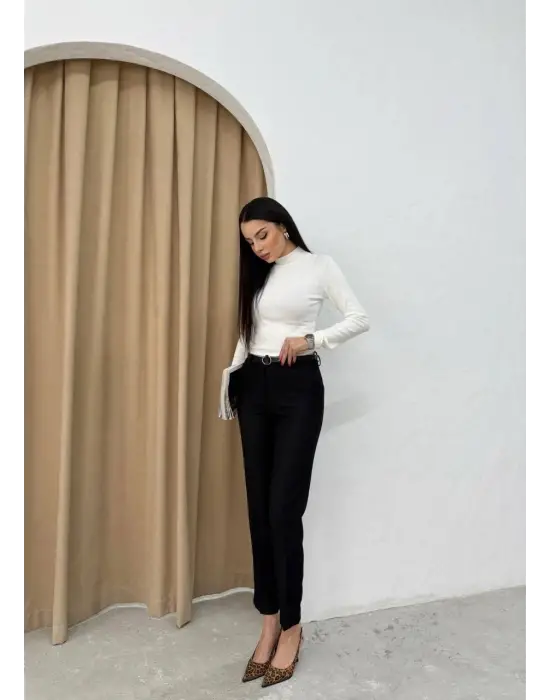 Dar Paça Kemerli Kumaş Pantolon Siyah Pt53