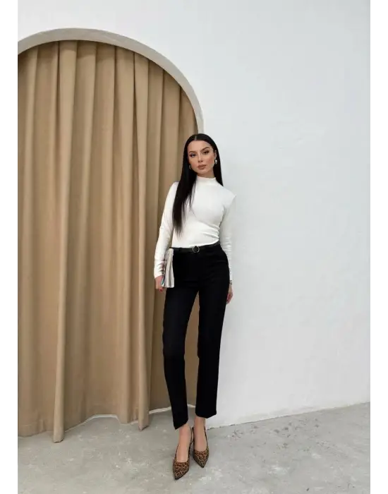 Dar Paça Kemerli Kumaş Pantolon Siyah Pt53