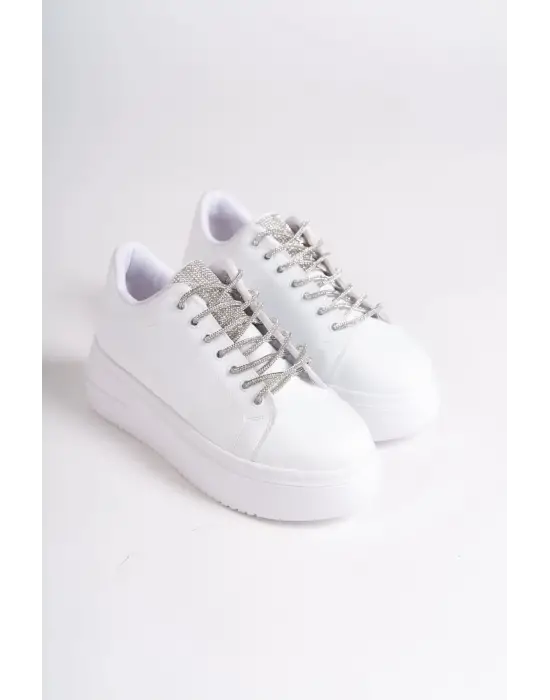 Della Bağcıklı Ortopedik Taban Taşlı Kadın Sneaker Spor Ayakkabı Bt - Beyaz