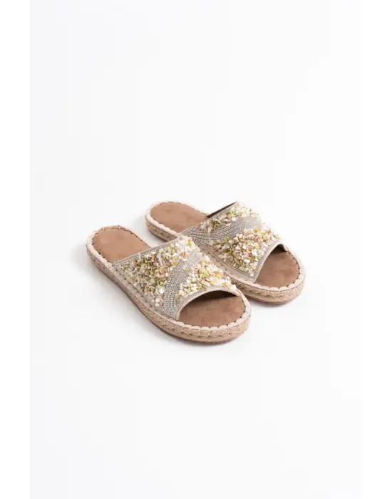 Dennis Kadın Bej Taş İşlemeli Terlik